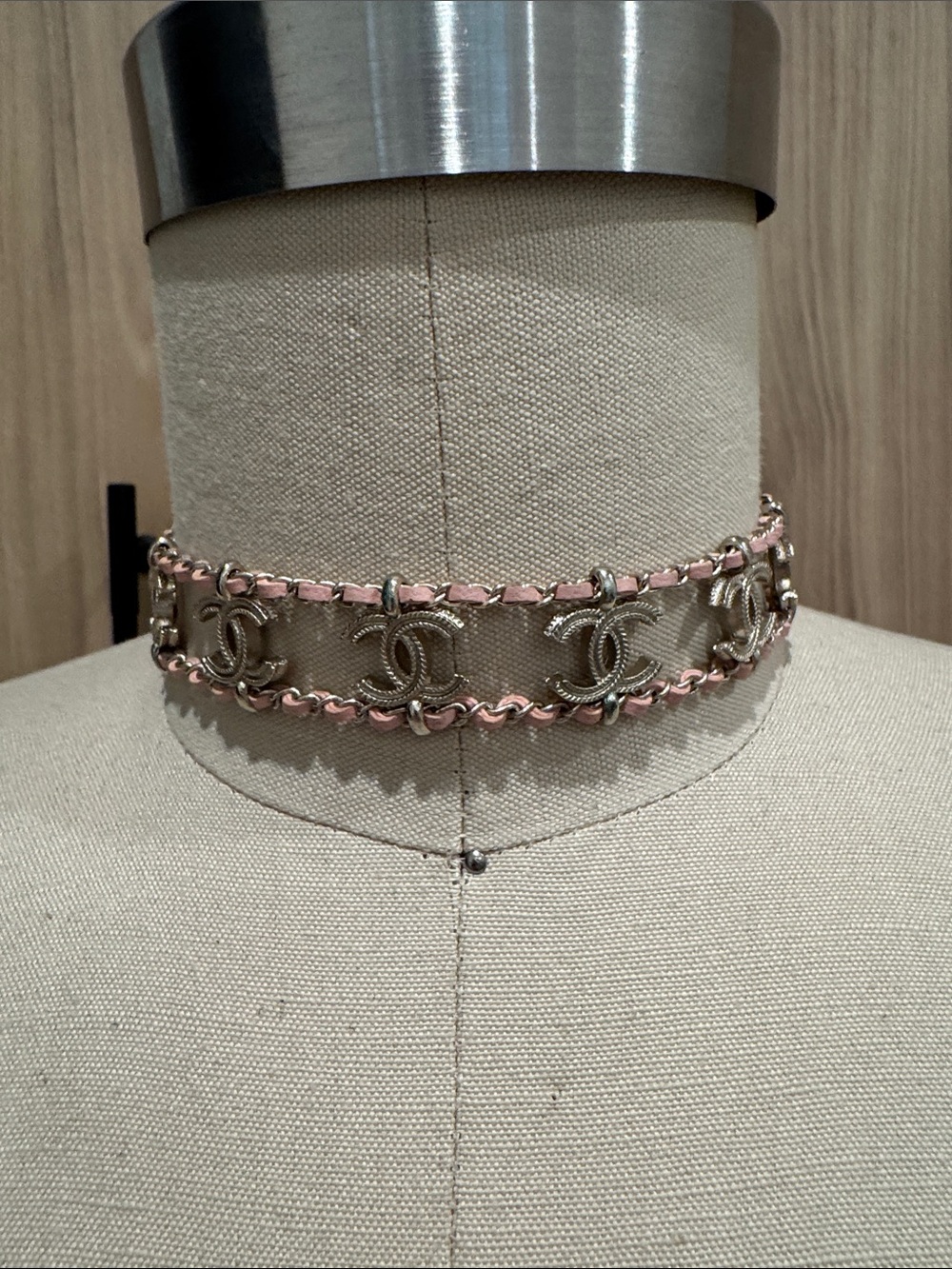 Choker Pink Leather Interwoven CC Link Bracelet with Silver Hardware